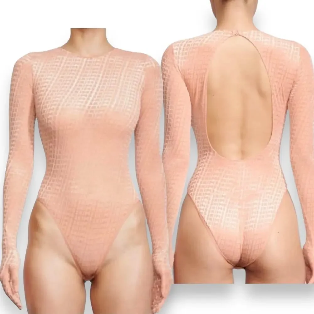 Skims Velvet Glove Bodysuit in Peach Orange Pink Open Back Gloved Cheeky Catsuit - Picture 1 of 8